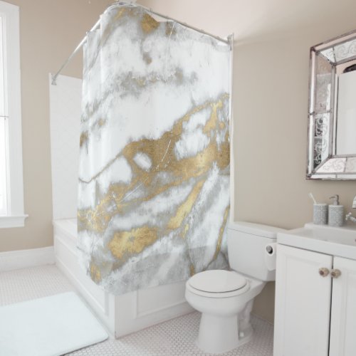 Marble Stone Abstract White Gray Silver Gold Carra Shower Curtain