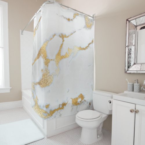 Marble Stone Abstract White GraySilver Metal Gold Shower Curtain
