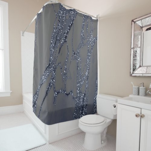 Marble Stone Blue Navy Graphite Glitter Gray Shower Curtain