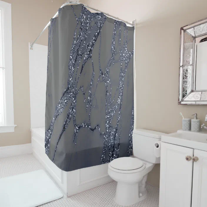 Marble Stone Blue Navy Graphite Glitter, Blue Marble Stone Shower Curtain