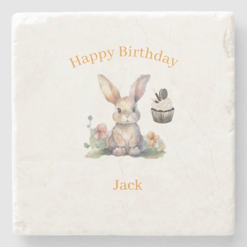 Marble Stone Coaster Cute Rabbit Cupcake Birthday