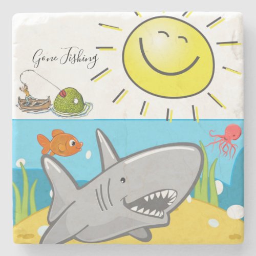 Marble Stone Coaster Gone Fishing Ocean Shark