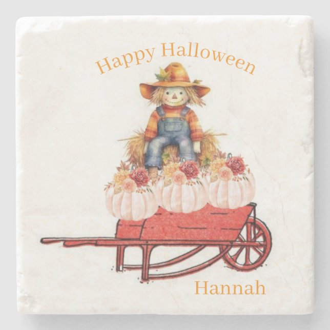 Marble Stone Coaster Happy Halloween Scarecrow (Front)