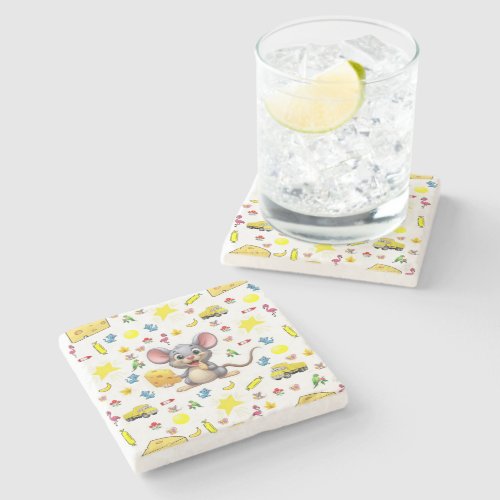 Marble Stone Coaster Mouse Yellow Cheese Cat Stars