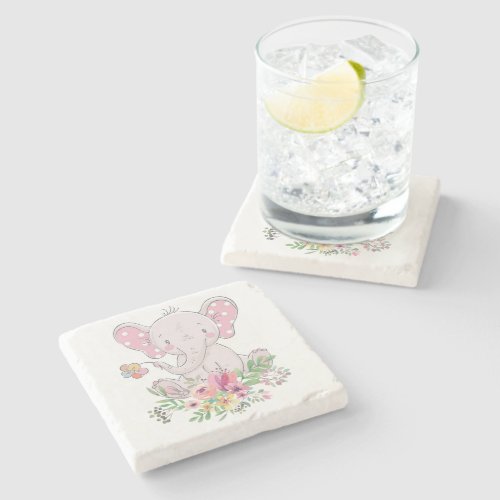 Marble Stone Coaster Pink Elephant Floral 