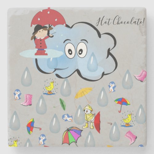Marble Stone Coaster Raindrops Clouds Umbrella