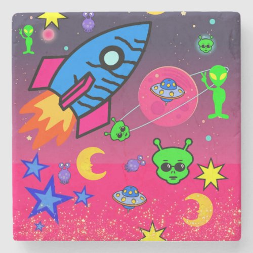 Marble Stone Coaster Spaceship Aliens Astronauts