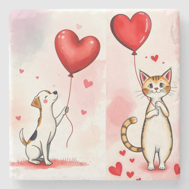 Marble Stone Coaster Valentine's Day Cat Dog Heart (Front)