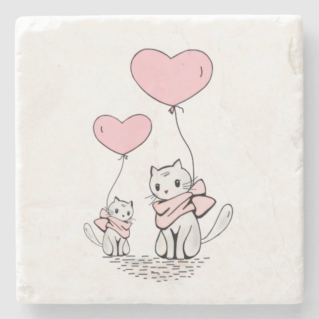 Marble Stone Coaster Valentine's Day Cat Hearts (Front)