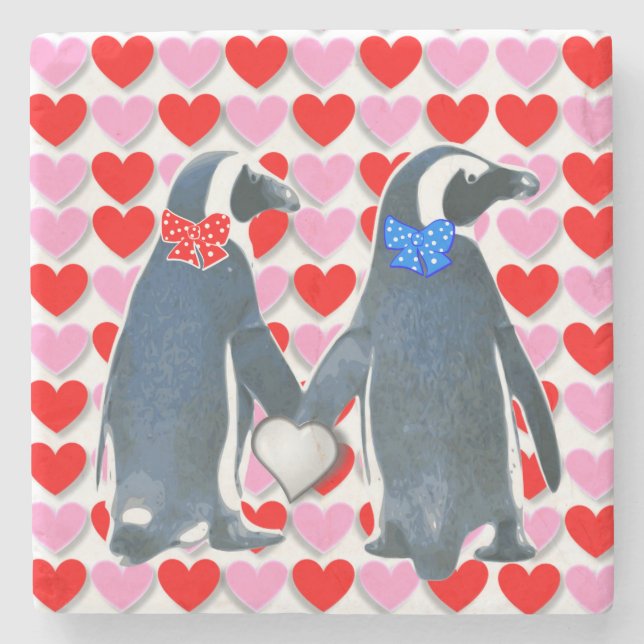 Marble Stone Coaster Valentine's Day Penguin (Front)