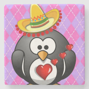 Marble Stone Coaster Valentine's Day Penguin