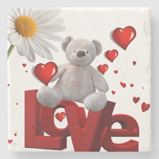 Marble Stone Coaster Valentine's Day Teddy Bear (Front)
