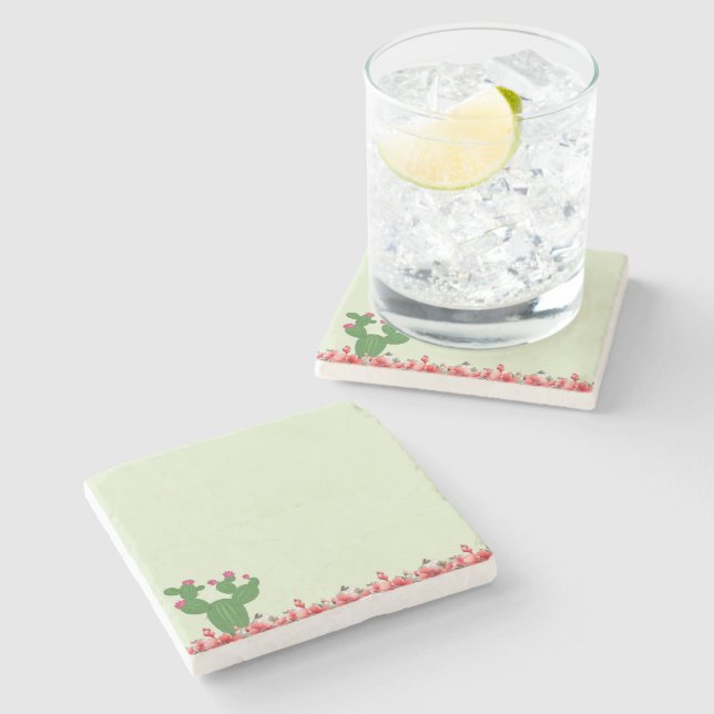Marble Stone Coasters Green Cactus Orange Flowers  (Side)