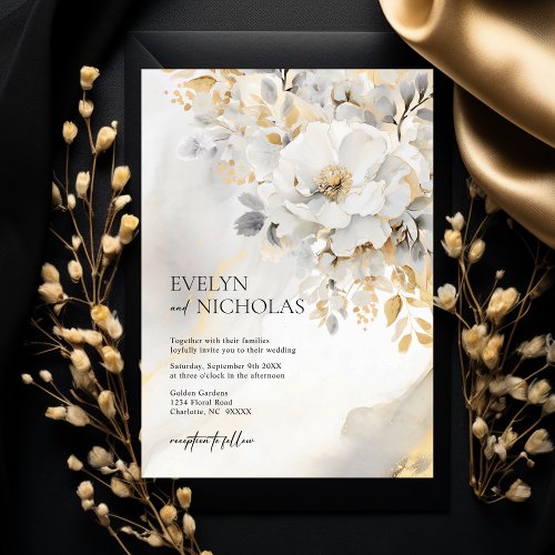 Marble Stone Gold Grey Gold Floral Wedding  Invitation