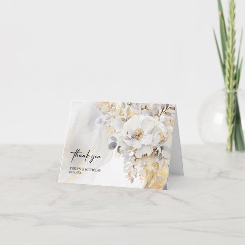 Marble Stone Gold Grey Gold Floral Wedding PHOTO Thank You Card