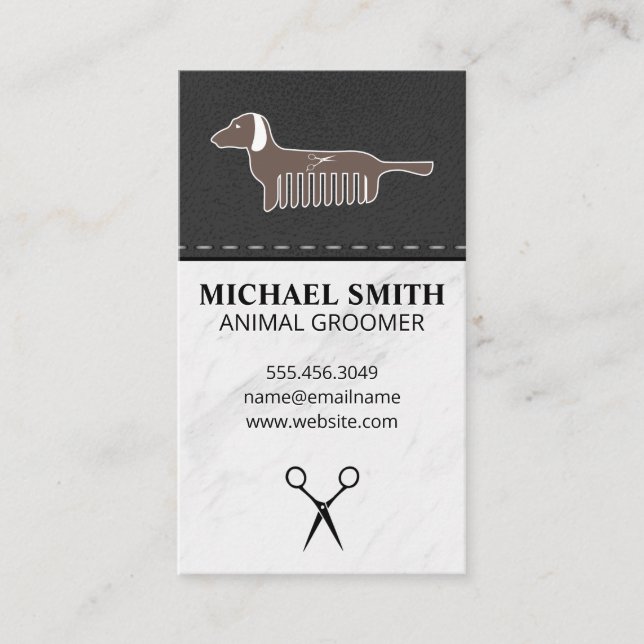 Marble Stone Pet Grooming Dog Icon | Leather Business Card (Front)