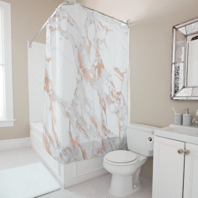 Marble Stone Pink Powder White Carrara Gray Shower Curtain (In Situ)