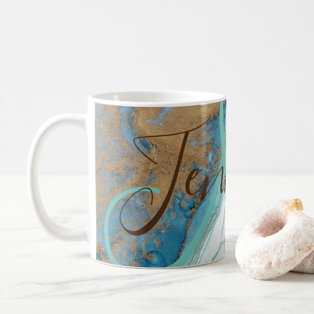 Marble stone teal turquoise blue agate Monogram  Coffee Mug (With Donut)