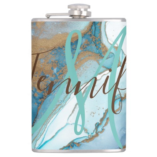 Marble stone teal turquoise blue agate Monogram  Flask