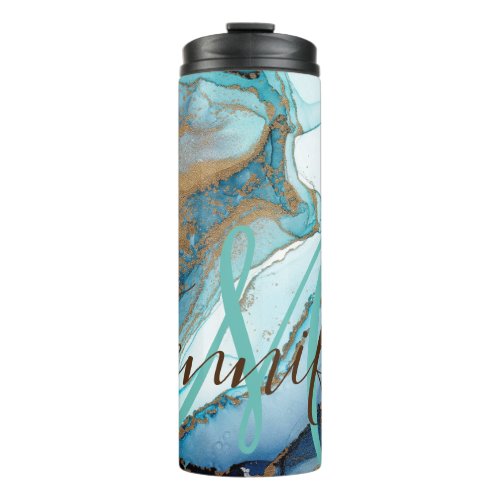 Marble stone teal turquoise blue agate Monogram  Thermal Tumbler