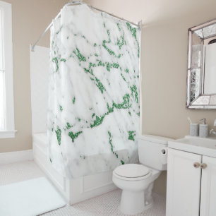 Marble Stone White Carrara Tropical Green Gray Shower Curtain