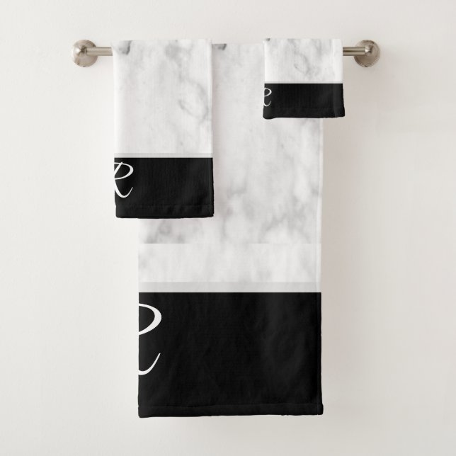 Marble Style Black White Monogram Initial Bathroom Bath Towel Set (Insitu)