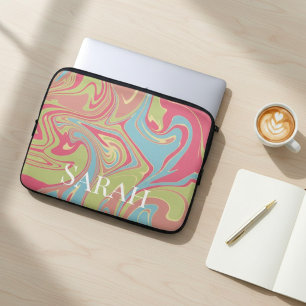 Marble Style Custom Name Pink and Green Laptop Sleeve