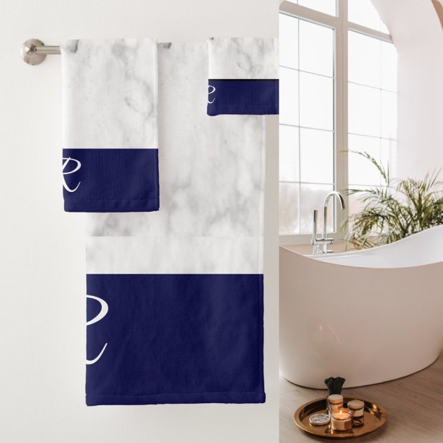 Marble Style Navy Blue Monogram Initial Bathroom  Bath Towel Set (Modern White Marble With Navy Blue Monogram Bathroom Towel.)