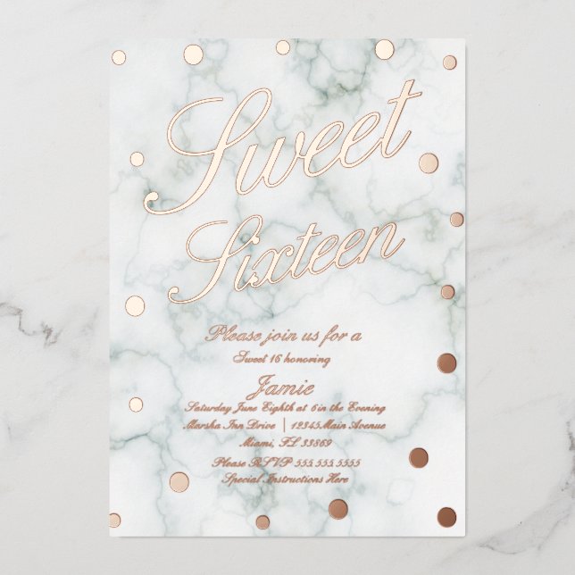 Marble Sweet Sixteen Rose Gold Pressed   Foil Invitation (Front)