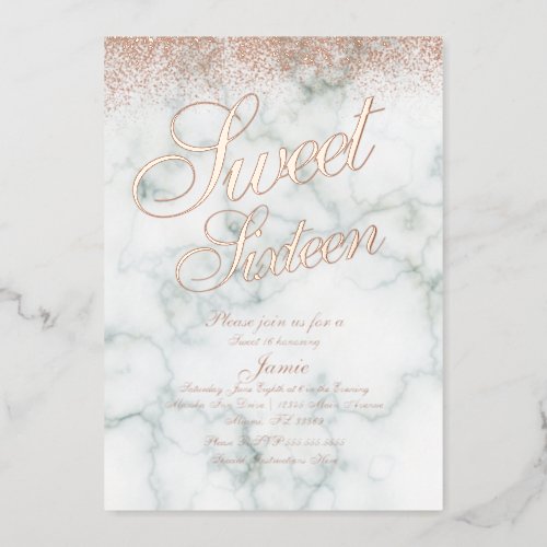 Marble Sweet Sixteen Rose Gold Pressed Glitter Foil Invitation