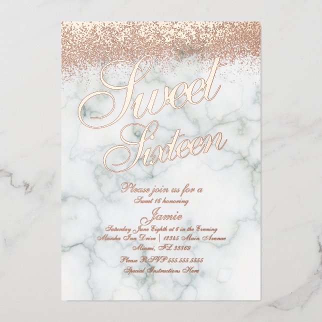 Marble Sweet Sixteen Rose Gold Pressed Glitter Foil Invitation (Front)