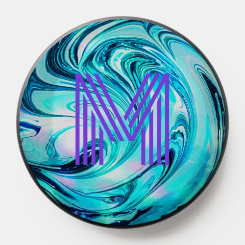 Marble Swirls Aqua Cyan Abstract Art Name Monogram PopSocket
