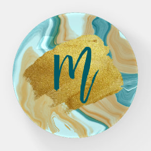 Marble Teal Brown Gold Brush Elegant Monogram Paperweight