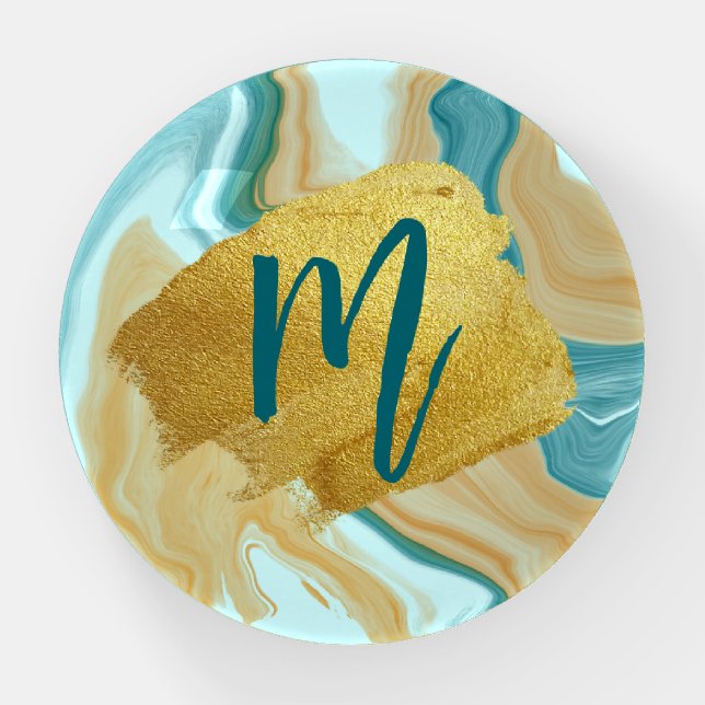 Marble Teal Brown Gold Brush Elegant Monogram Paperweight (Front)