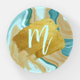 Marble Teal Brown Gold Brush Elegant Monogram Paperweight