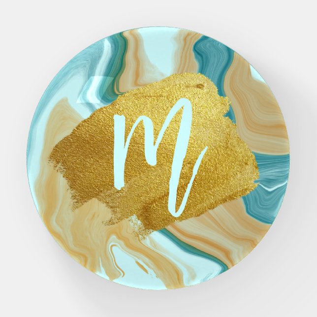 Marble Teal Brown Gold Brush Elegant Monogram Paperweight (Front)