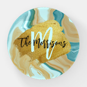 Marble Teal Brown Gold Brush Template name initial Paperweight