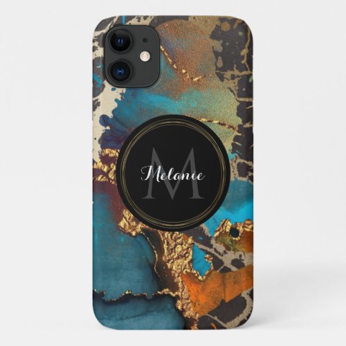 Marble Teal Gold Black Watercolor Name Monogram iPhone 11 Case