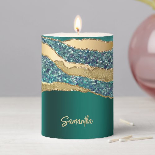Marble teal gold glitter chic agate name pillar candle