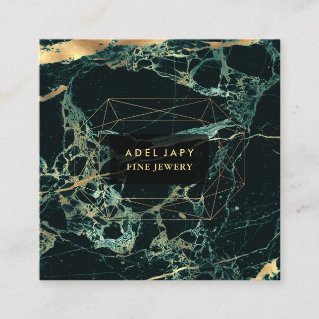 Marble Teal Green+Faux Gold Gemstone Facet Square Business Card (Front)