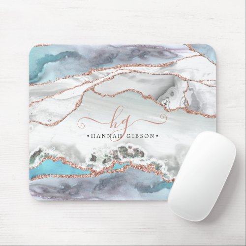 Marble Teal Rose Gold Glitter Script Monogram Mous Mouse Pad