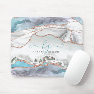 Marble Teal Rose Gold Glitter Script Monogram Mouse Pad