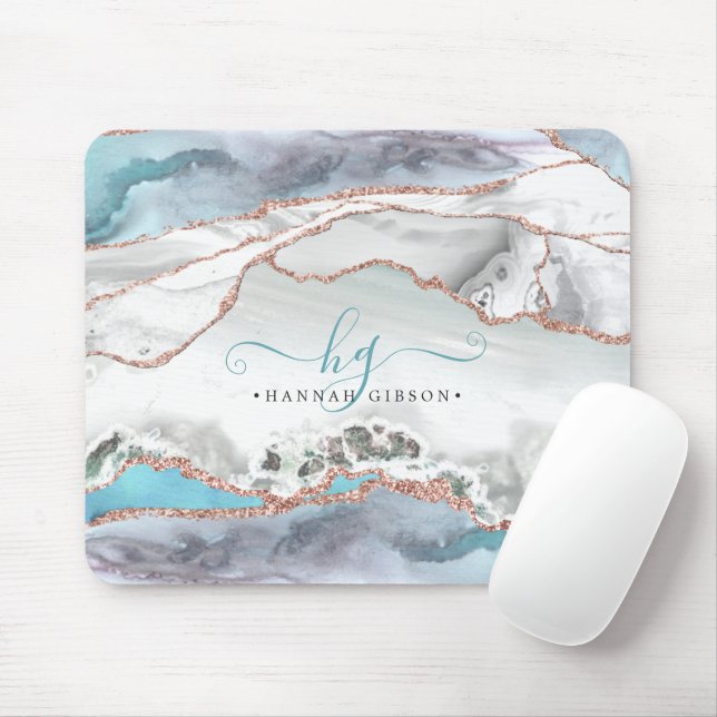 Marble Teal Rose Gold Glitter Script Monogram Mouse Pad (With Mouse)