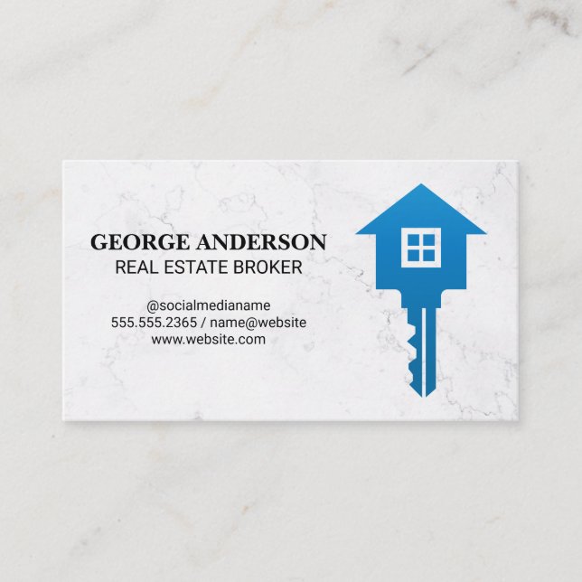 Marble Texture Background | Blue Key Home Logo Business Card (Front)