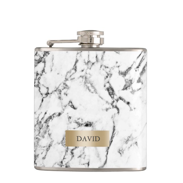 Marble Texture Modern Gold Label with Name Flask (Front)