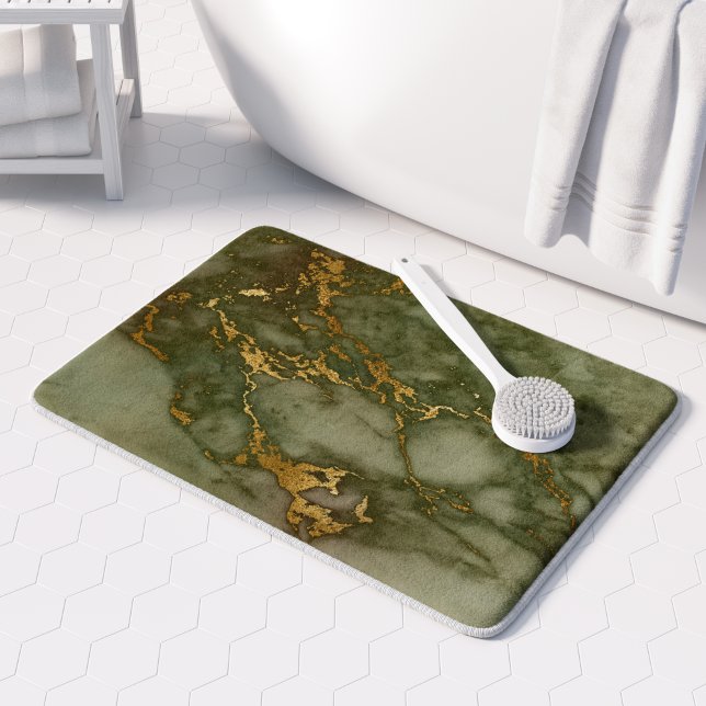 Marble Texture Olive Green Faux Gold Foil Bath Mat (Creator Uploaded)