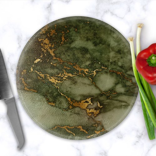 Marble Texture Olive Green Faux Gold Foil Cutting Board