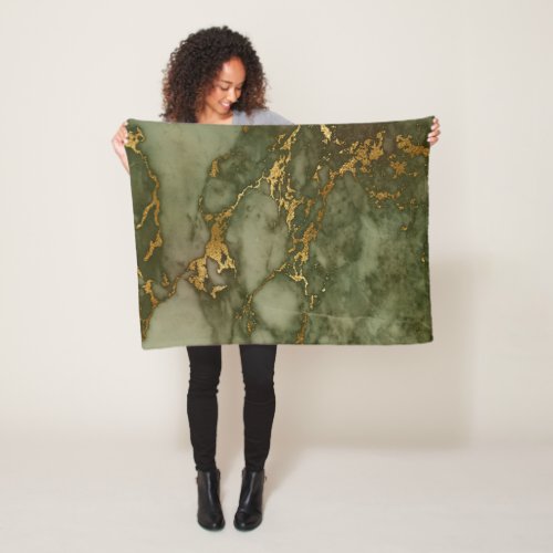 Marble Texture Olive Green Faux Gold Foil Fleece Blanket