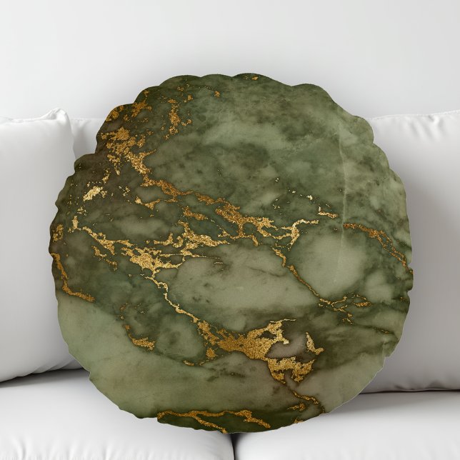 Marble Texture Olive Green Faux Gold Foil Round Pillow (Creator Uploaded)
