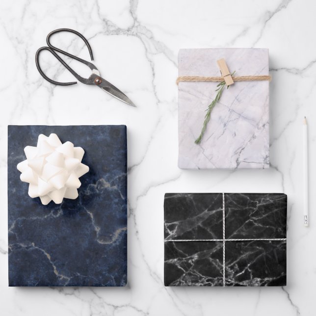 Marble Texture Pattern Blue White Black Wrapping Paper Sheets (Front)